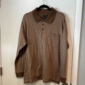 St Johns Bay Mens Brown Diamond Pattern Long Sleeve Polo Shirt Size XL Easy Care